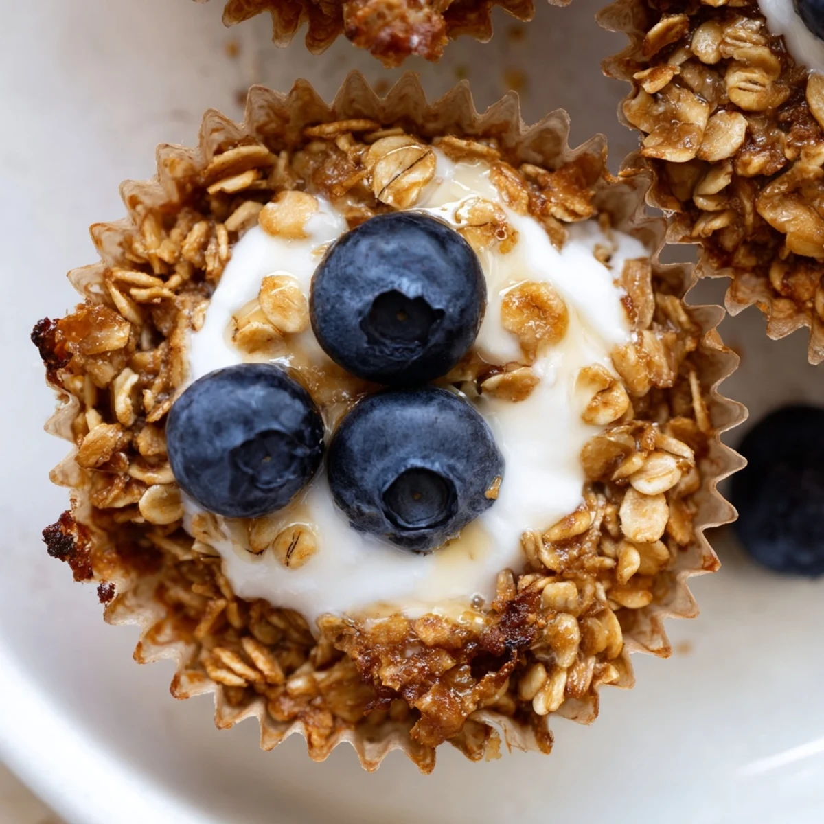 Close-up of moist Baked Oatmeal Cups with Greek Yogurt and a spoonful of creamy topping, perfect for a quick snack.