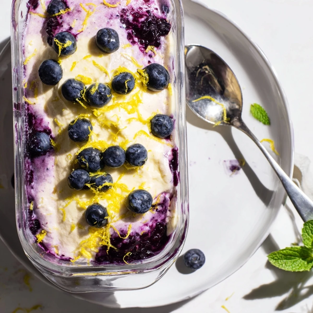 A spoon dips into creamy Lemon Blueberry Mousse, layered with a vibrant purple compote and lemon zest.