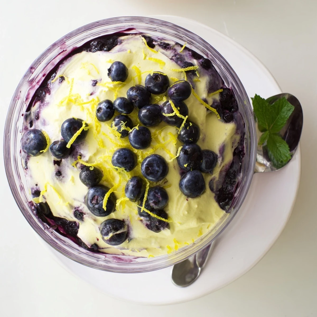 Elegant dessert glasses showcasing chilled Lemon Blueberry Mousse, garnished with blueberries and a dusting of powdered sugar.