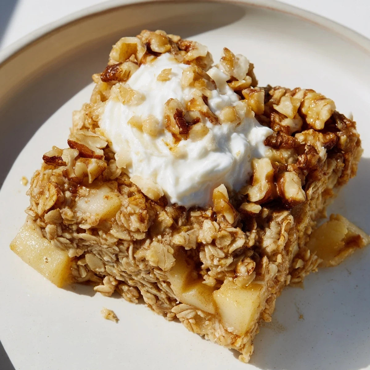 Steam rises from a slice of Baked Apple Oatmeal with Greek Yogurt, highlighting chopped nuts and a honey drizzle.