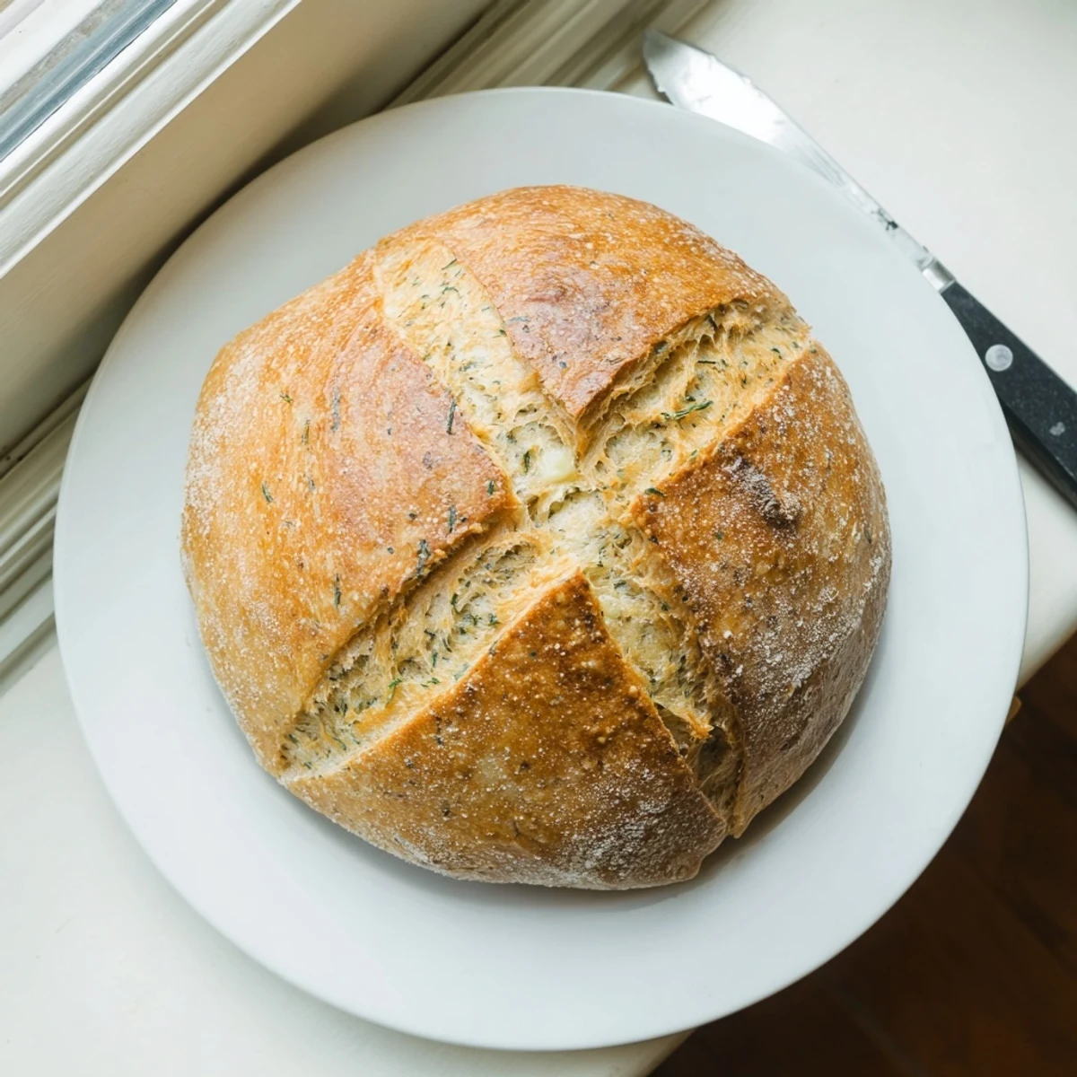Freshly baked No Knead Dill Gouda Artisan Bread on a wooden board, perfect for pairing with a hot bowl of soup.