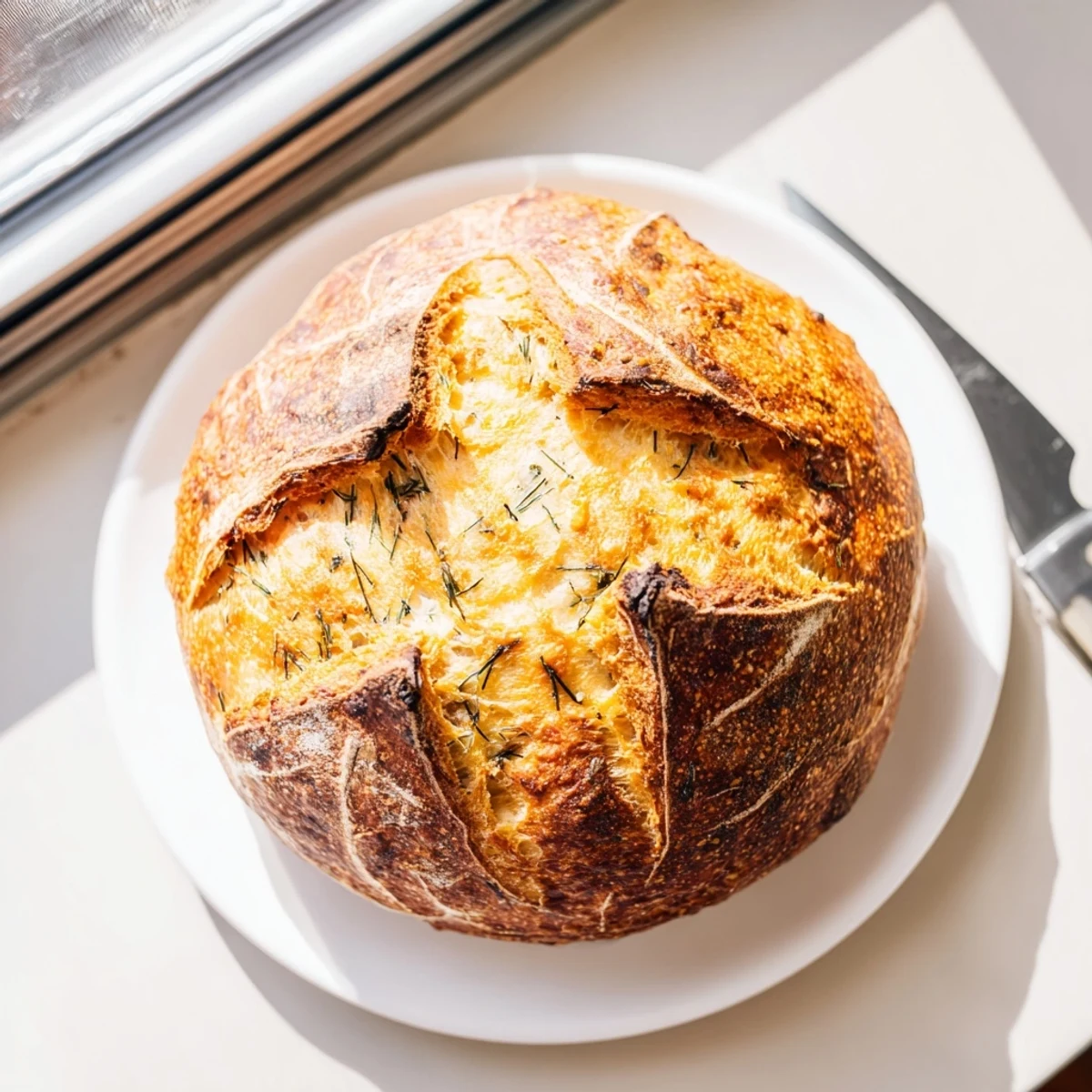 A close-up of golden, No Knead Dill Gouda Artisan Bread with a crackling crust and soft, herb-flecked interior.