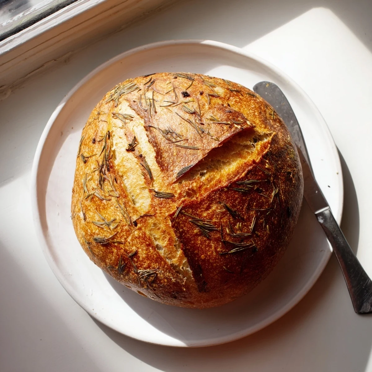 A rustic, golden-brown loaf of No Knead Dill Gouda Artisan Bread with melted cheese and dill visible in the crumb.
