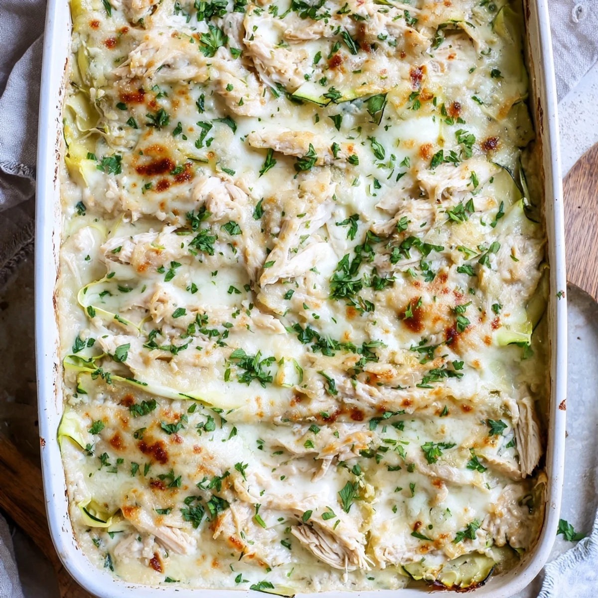Slices of low carb Chicken Alfredo Zucchini Lasagna on a rustic white plate.