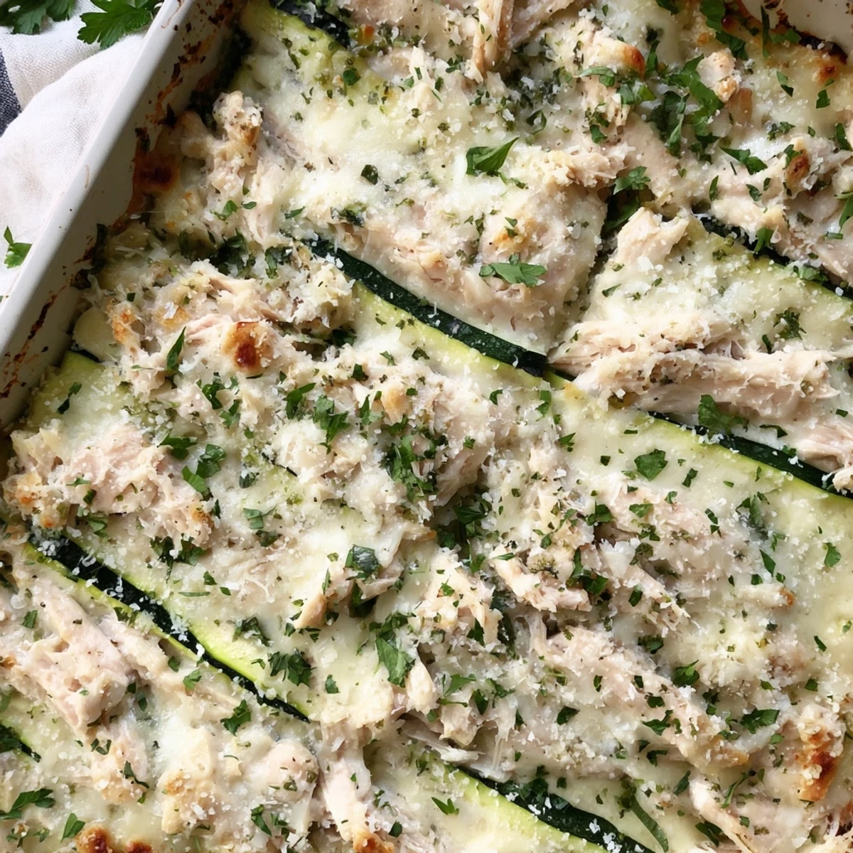 A fork lifts a cheesy layer of Chicken Alfredo Zucchini Lasagna with creamy sauce.