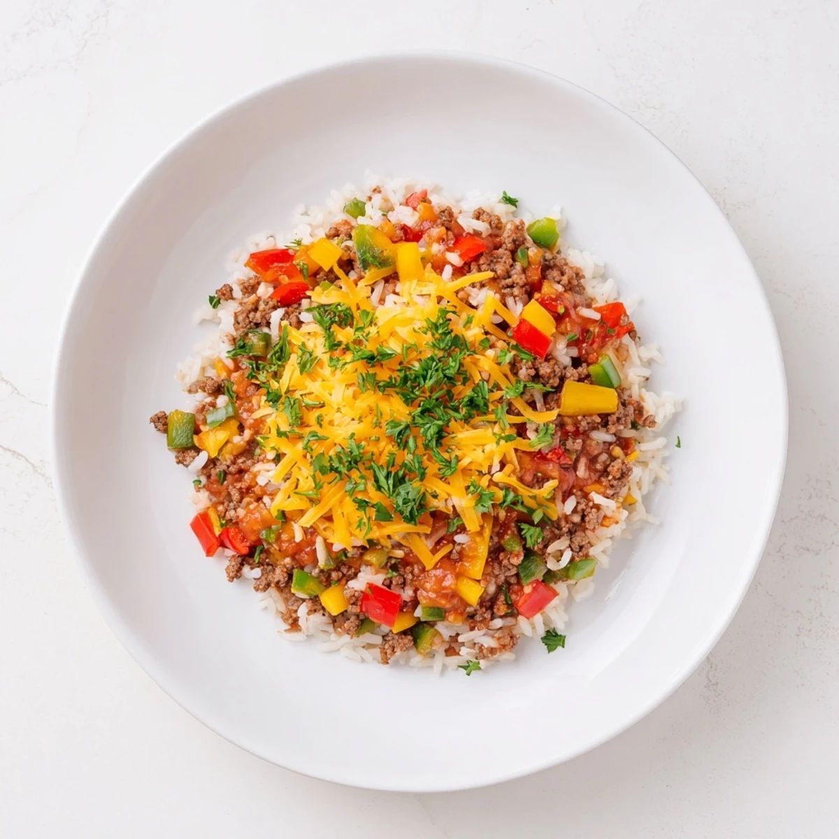 Steaming Unstuffed Pepper Skillet served hot with melted cheddar and fresh parsley garnish.