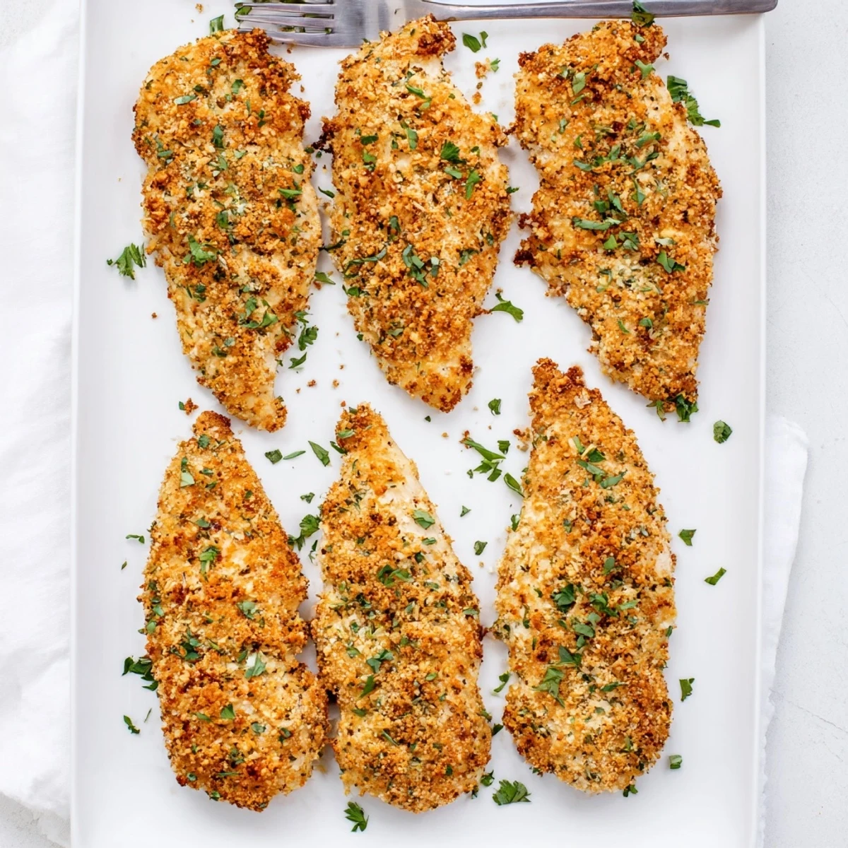 Savory Melt In Your Mouth Chicken from a 9x13-inch baking dish, topped with fresh parsley and served alongside rice.  