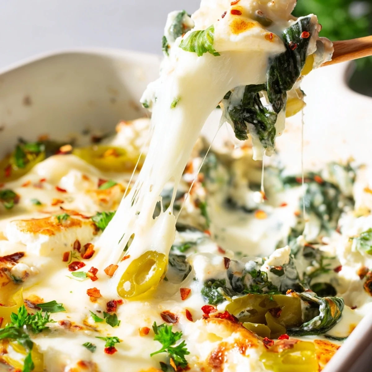 Savory Mediterranean-inspired dip served warm with pita bread and lemon wedges, featuring tangy feta and briny pepperoncini peppers.