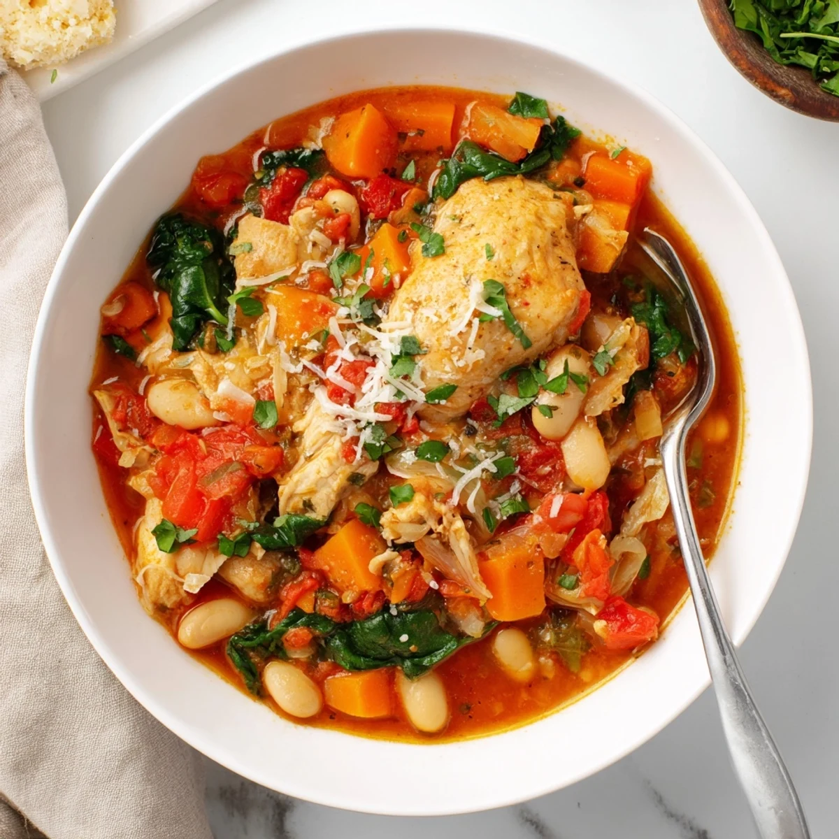 A hearty bowl of Tuscan Slow Cooker Chicken Stew with tender chicken, creamy cannellini beans, and wilted spinach served in a rustic ceramic bowl.