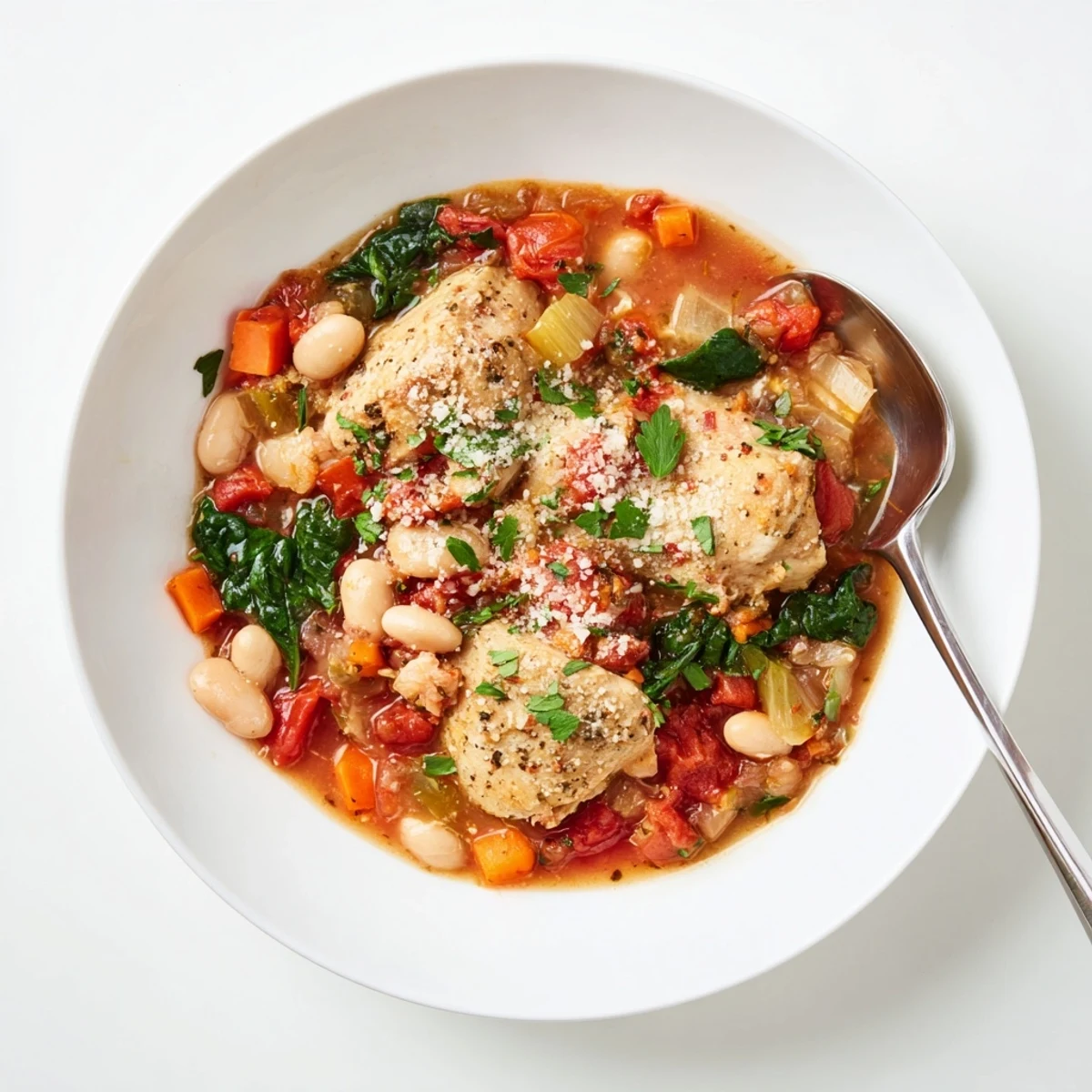 This Tuscan Slow Cooker Chicken Stew features tender chicken thighs, carrots, and bell peppers in a rich tomato herb broth, ready to serve.