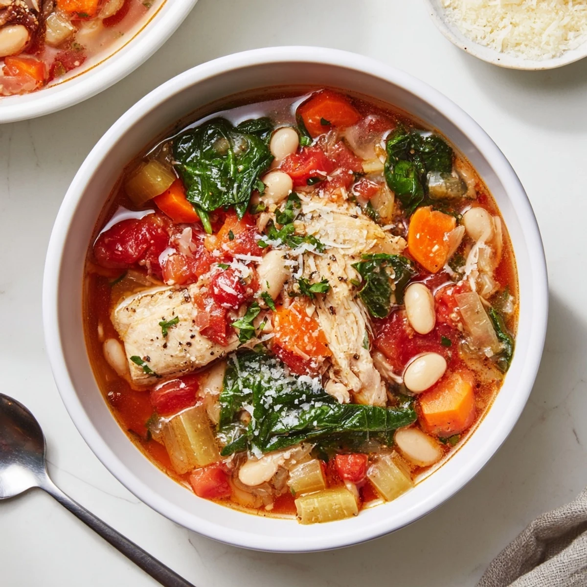 Imagine a comforting Tuscan Slow Cooker Chicken Stew garnished with fresh parsley and Parmesan, steaming beside a slice of crusty Italian bread.