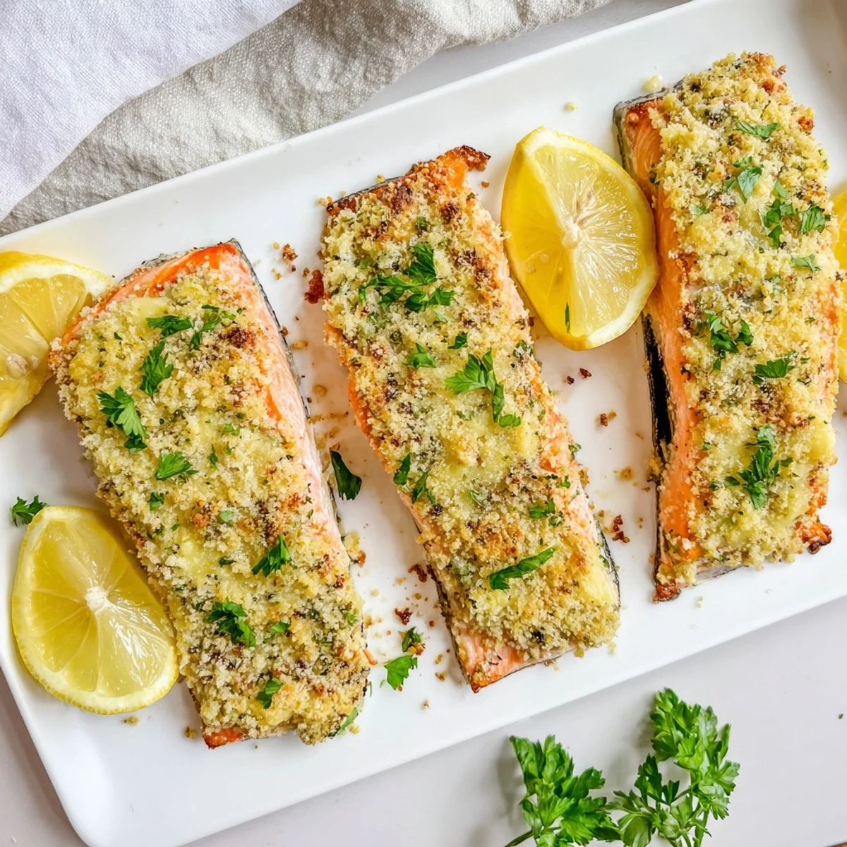 A close-up of the Irresistibly Crispy Parmesan Salmon Bake reveals a bubbly, browned Parmesan topping and moist salmon fillet ready to serve.