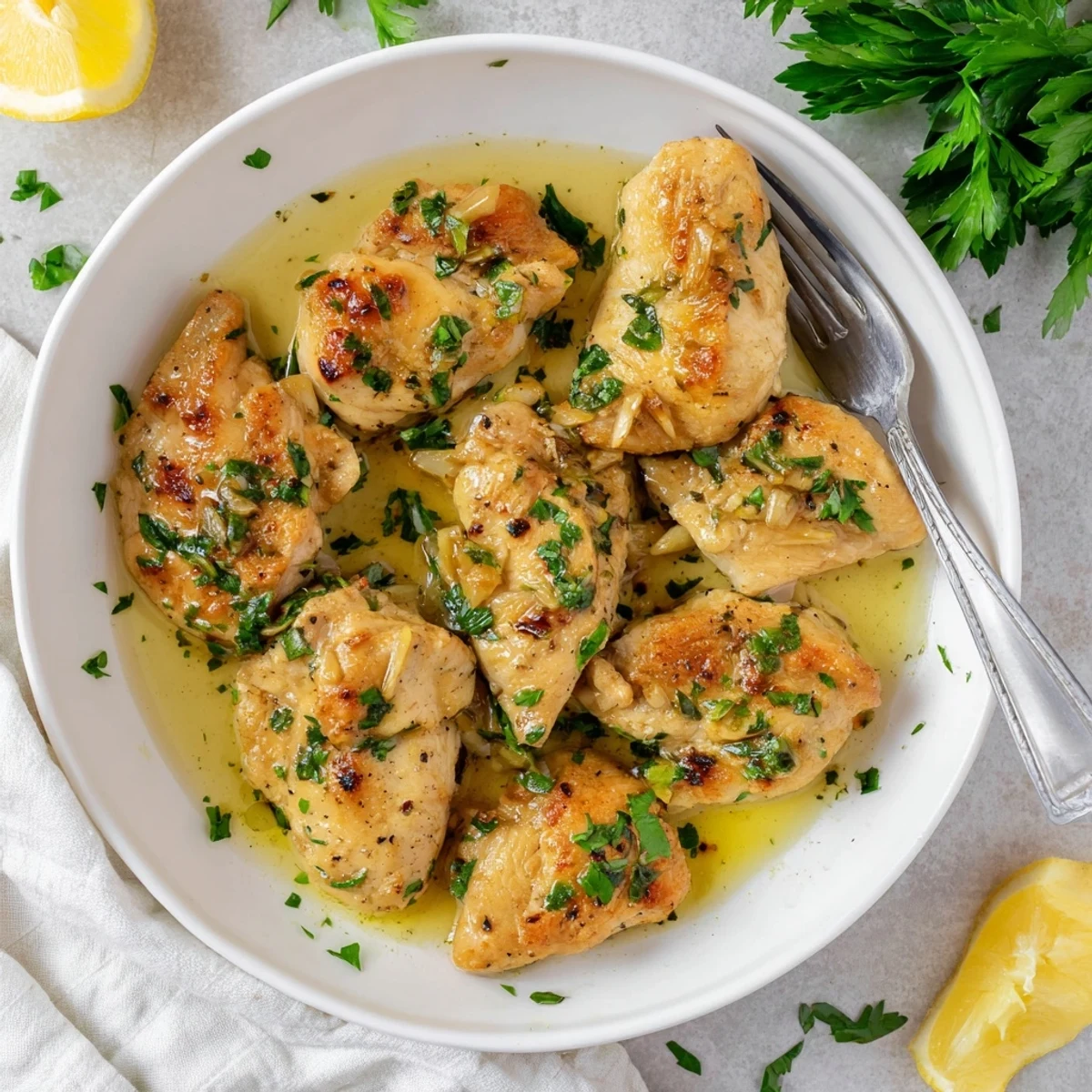 A close-up view of juicy Garlic Butter Chicken breasts smothered in a savory garlic butter sauce.