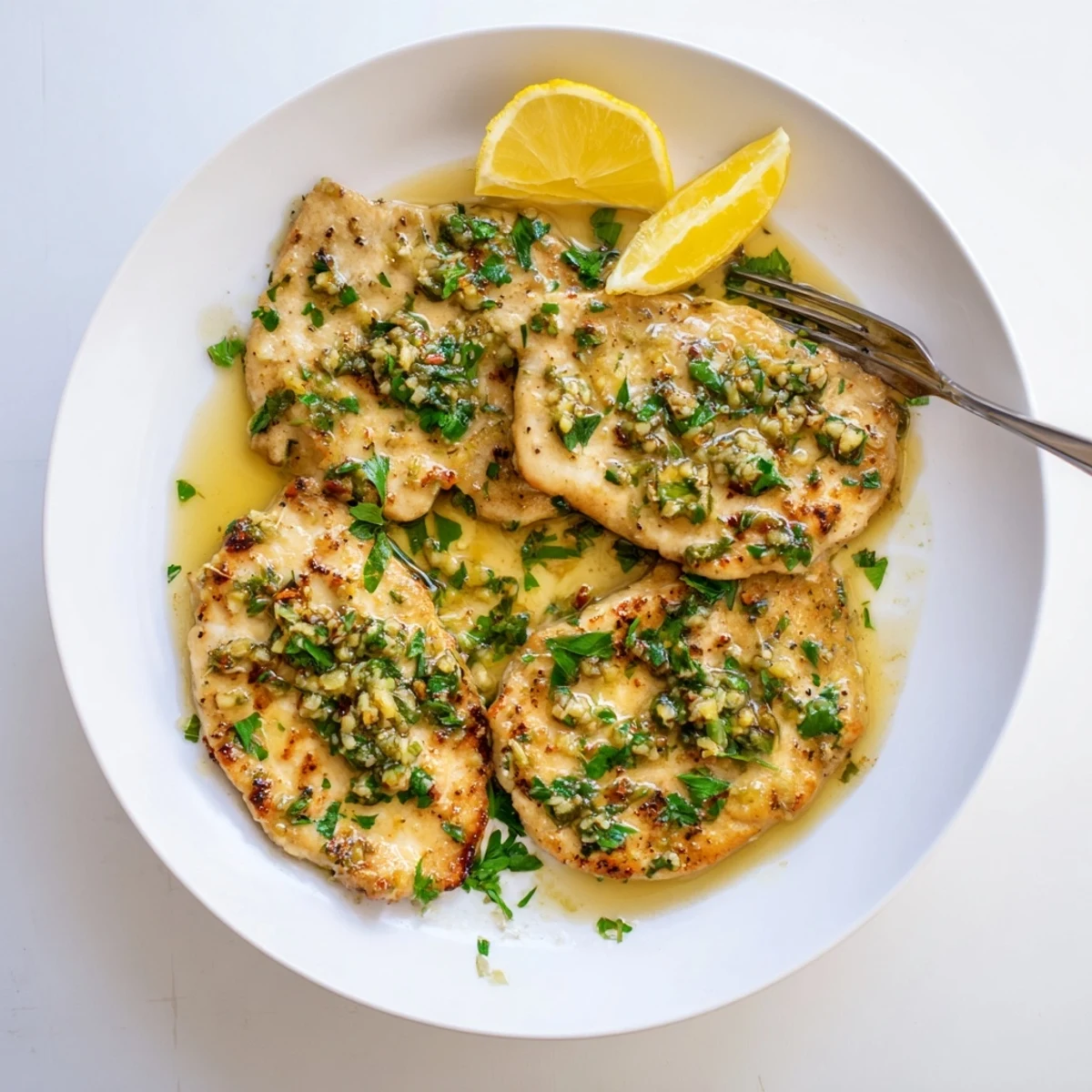 Garlic Butter Chicken in a skillet with golden seared breasts and fresh parsley garnish.