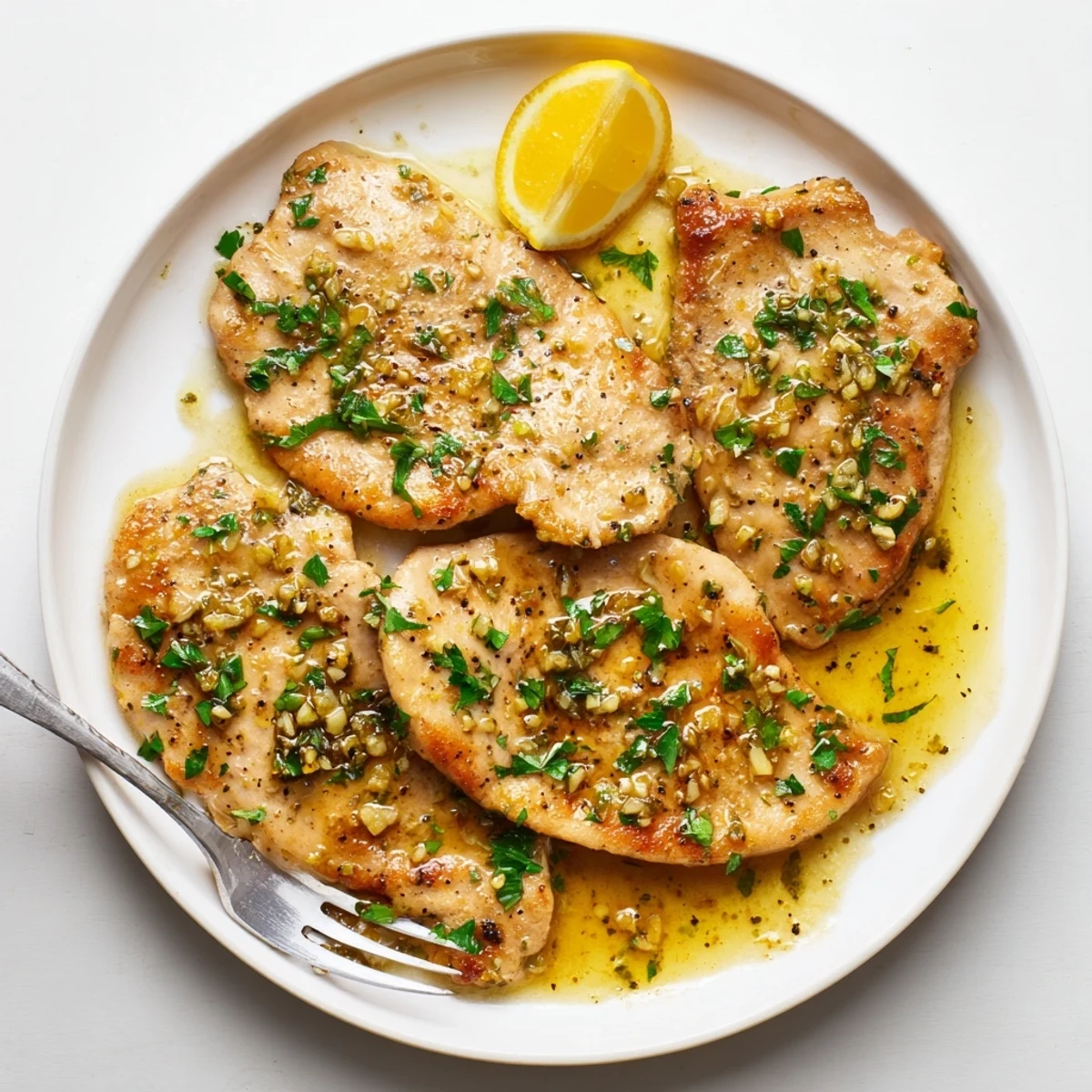 Plated Garlic Butter Chicken with steamed broccoli and lemon wedges for a complete meal.