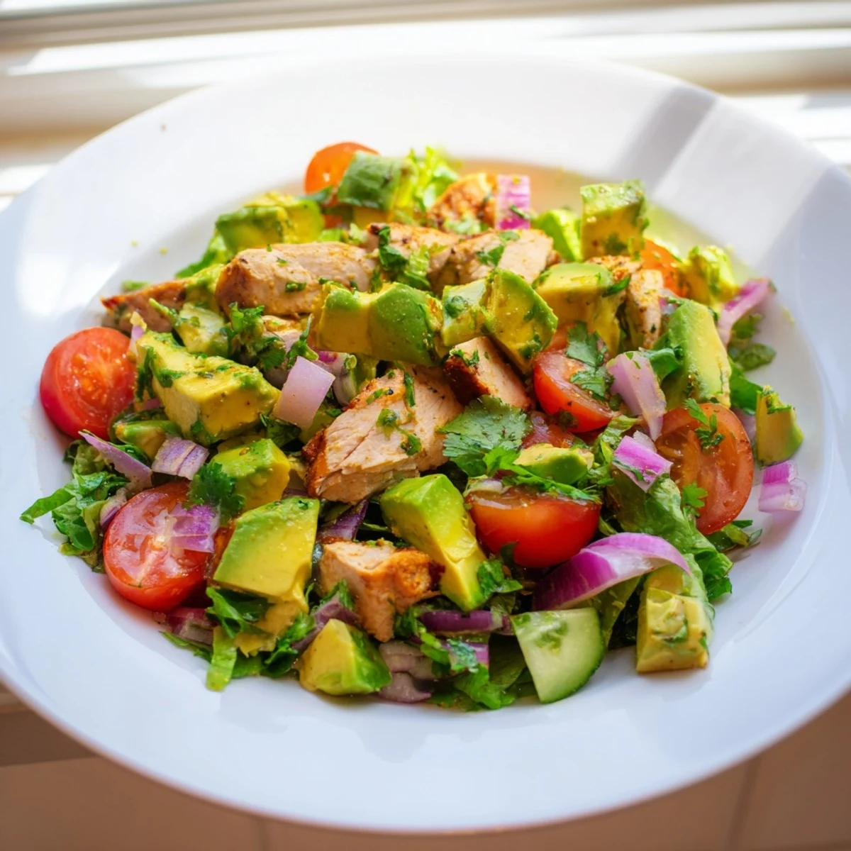 A close-up of homemade Avocado Chicken Salad with grilled chicken chunks, diced avocado, cherry tomatoes, cucumber, red onion, and cilantro on mixed greens, dressed with lime vinaigrette.