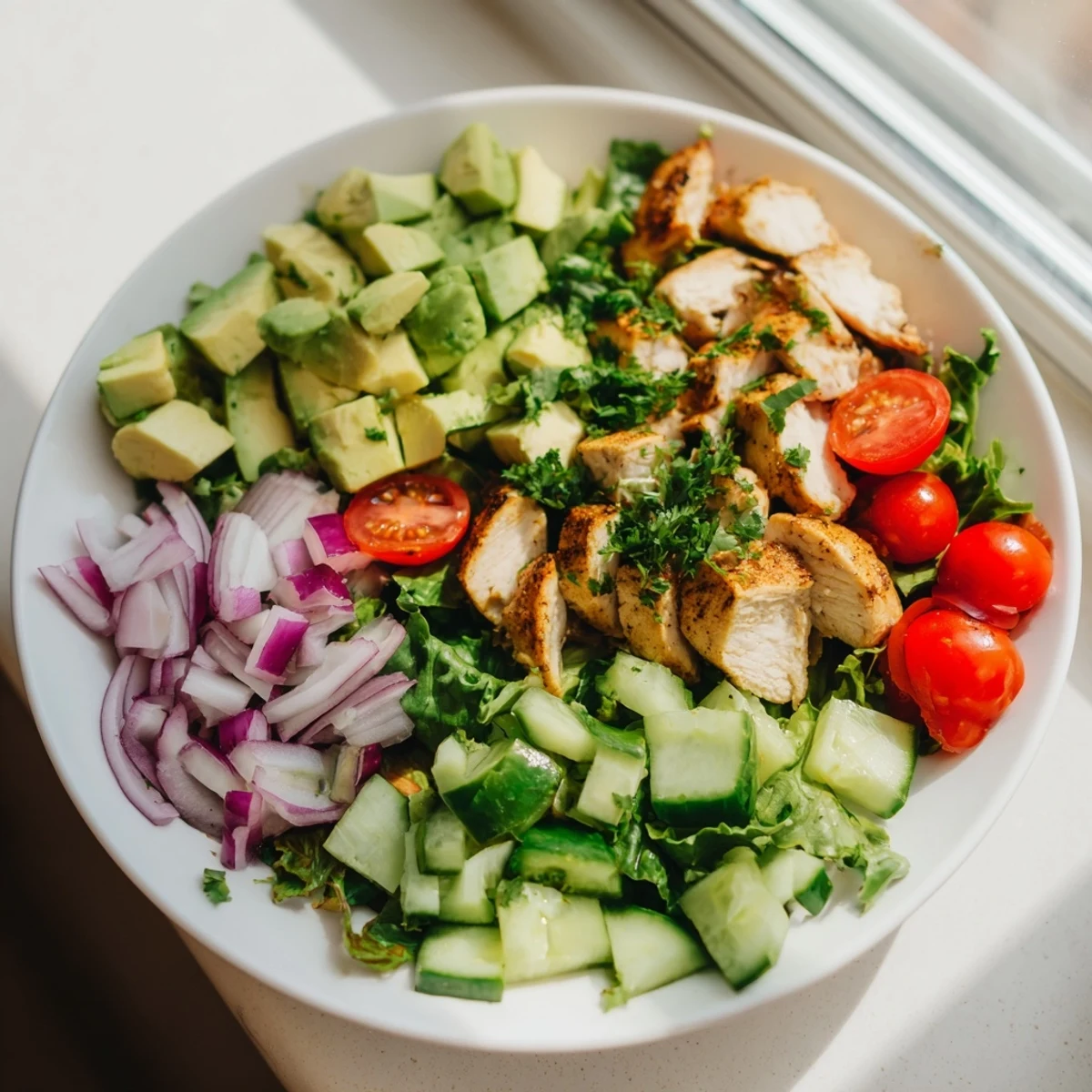 Avocado Chicken Salad served in a rustic white bowl with fresh salad greens, sliced grilled chicken breast, creamy avocado cubes, and halved cherry tomatoes for a healthy lunch.