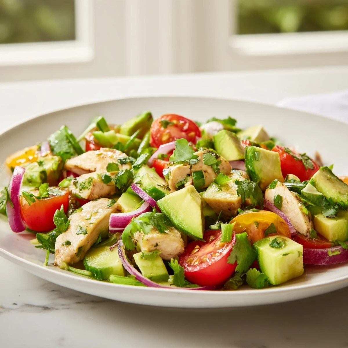 The Avocado Chicken Salad in a shallow serving dish shows juicy grilled chicken pieces, diced avocado, and crisp veggies, ready to be enjoyed as a light dinner for four.
