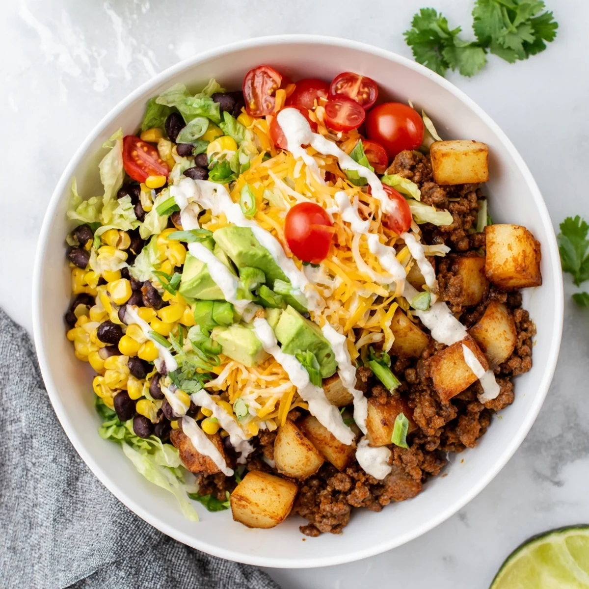 Roasted potatoes and seasoned beef in a Loaded Potato Taco Bowl topped with fresh veggies and zesty crema.