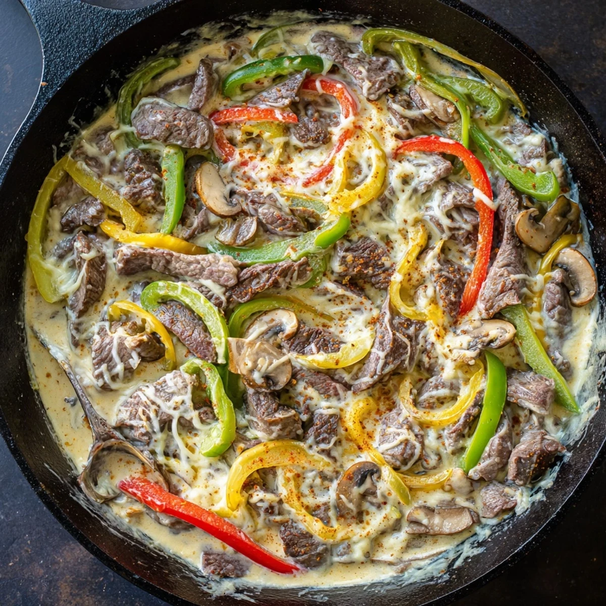 Golden-brown ribeye slices and sautéed bell peppers simmer in a creamy cheese sauce in the Creamy Keto Philly Cheesesteak Skillet.