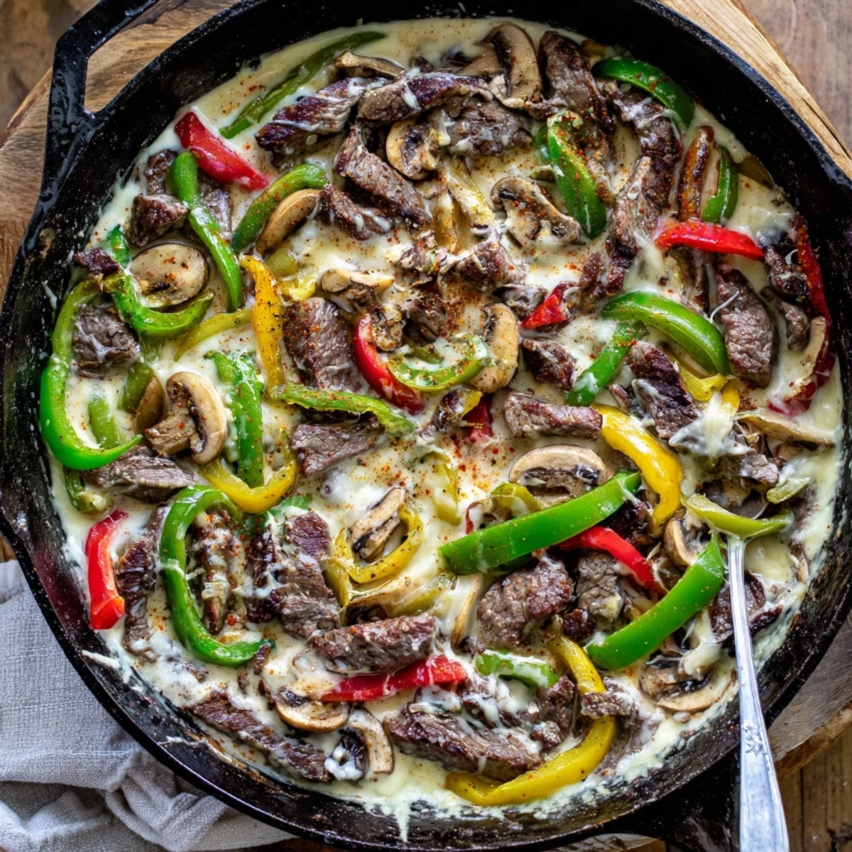 A close-up of the Creamy Keto Philly Cheesesteak Skillet, featuring tender beef and melted provolone cheese, perfect for a low-carb dinner.