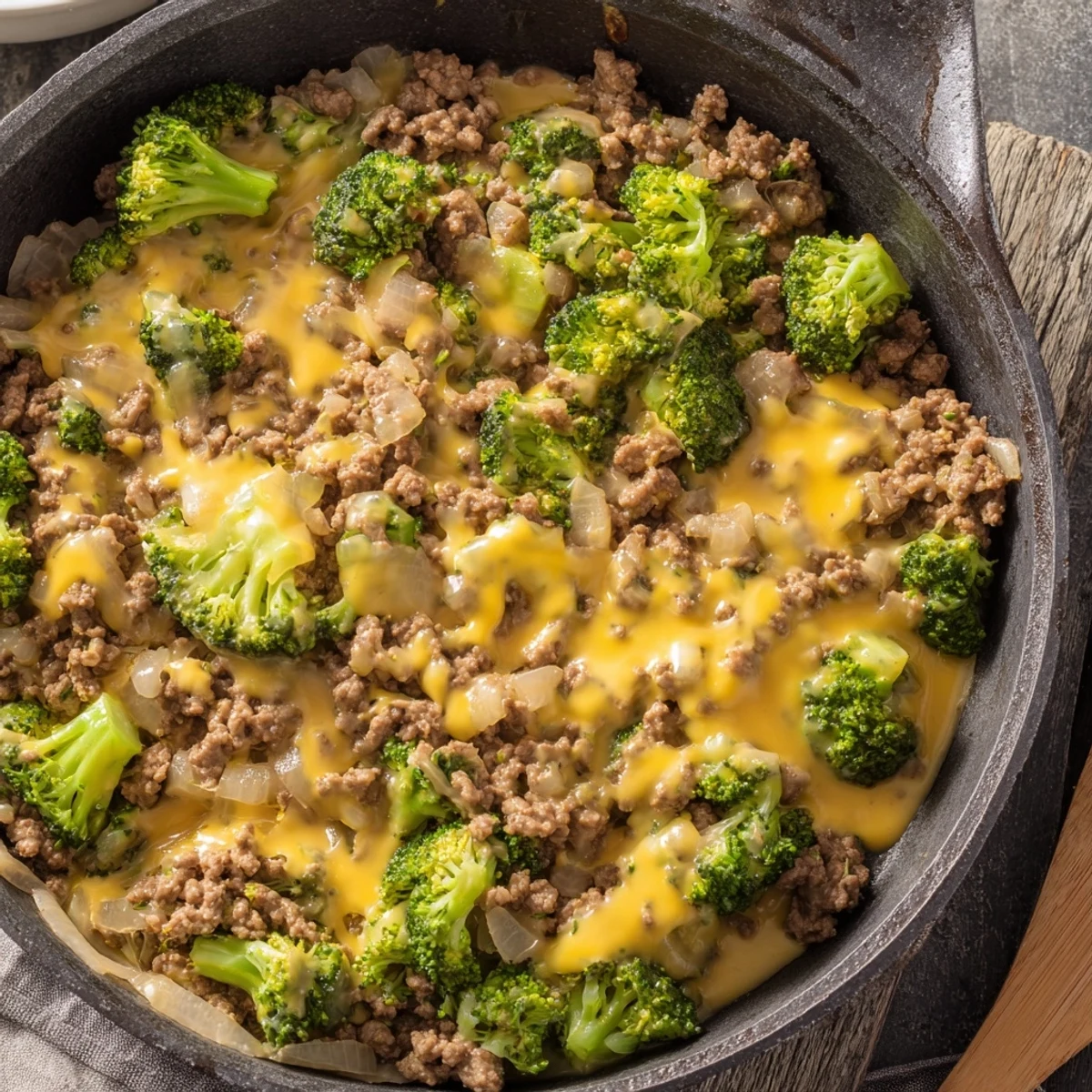 Steamy skillet of Keto Hamburger Broccoli Skillet with melted cheddar cheese on top.