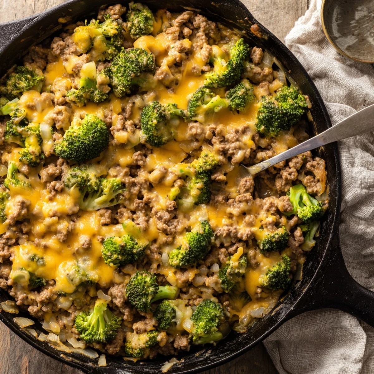 Keto Hamburger Broccoli Skillet on a white plate next to a simple side salad.