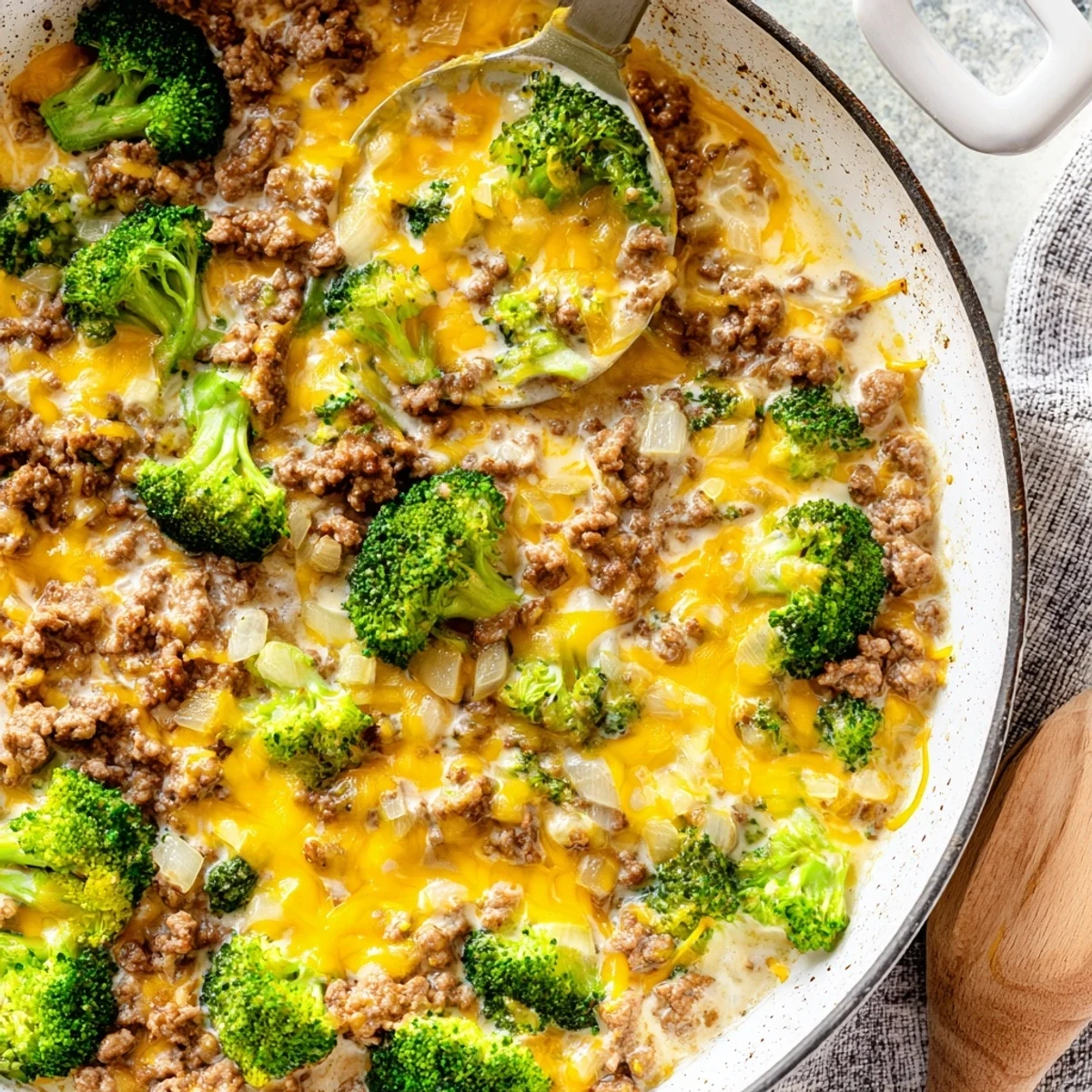 Close-up of Keto Hamburger Broccoli Skillet showing seasoned ground beef and tender green broccoli.