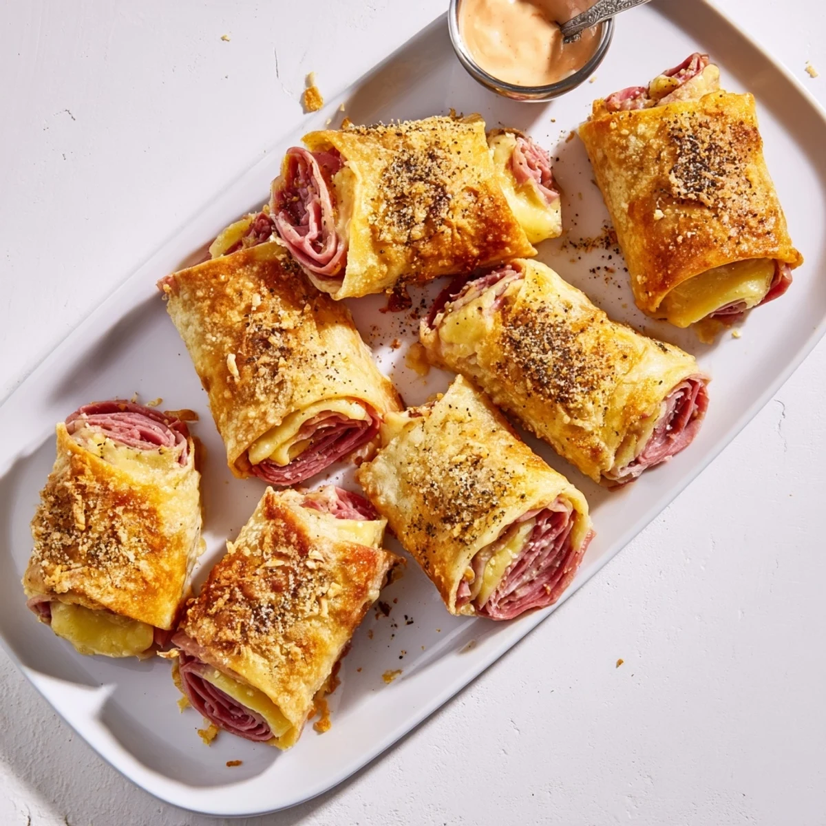 Freshly baked Keto Crispy Reuben Roll Ups with melted Swiss cheese and corned beef on a rustic wood surface.  
