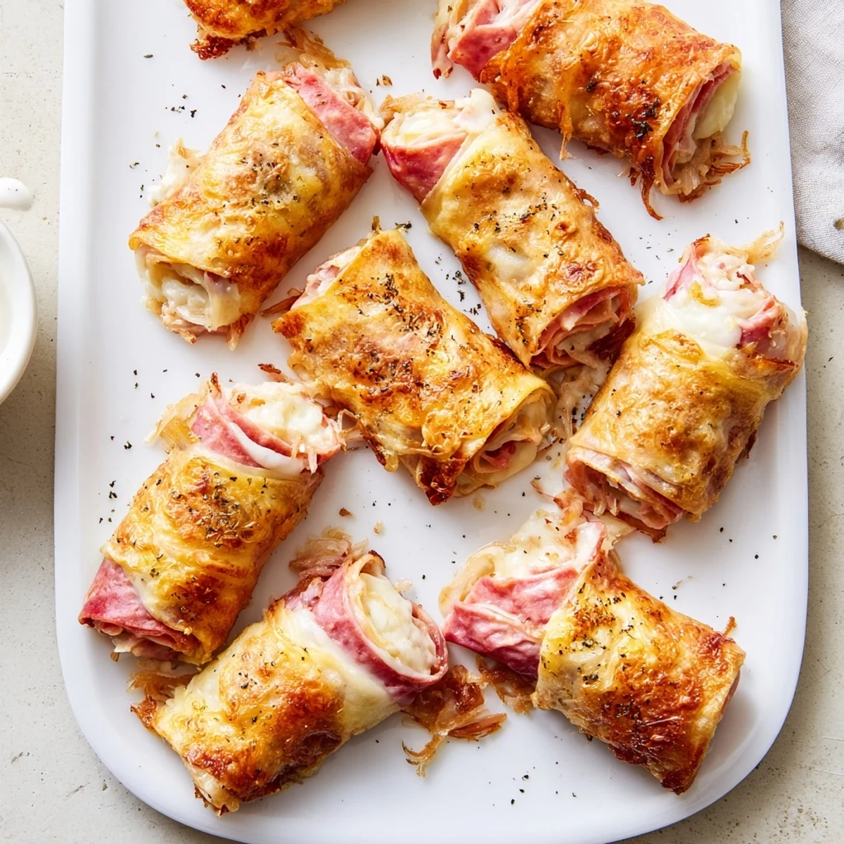 Golden Keto Crispy Reuben Roll Ups arranged on a plate with a small dipping bowl of sugar-free Russian dressing.  