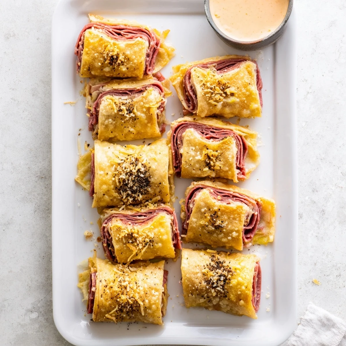 Keto Crispy Reuben Roll Ups served warm, showcasing the crispy exterior and savory sauerkraut filling inside.