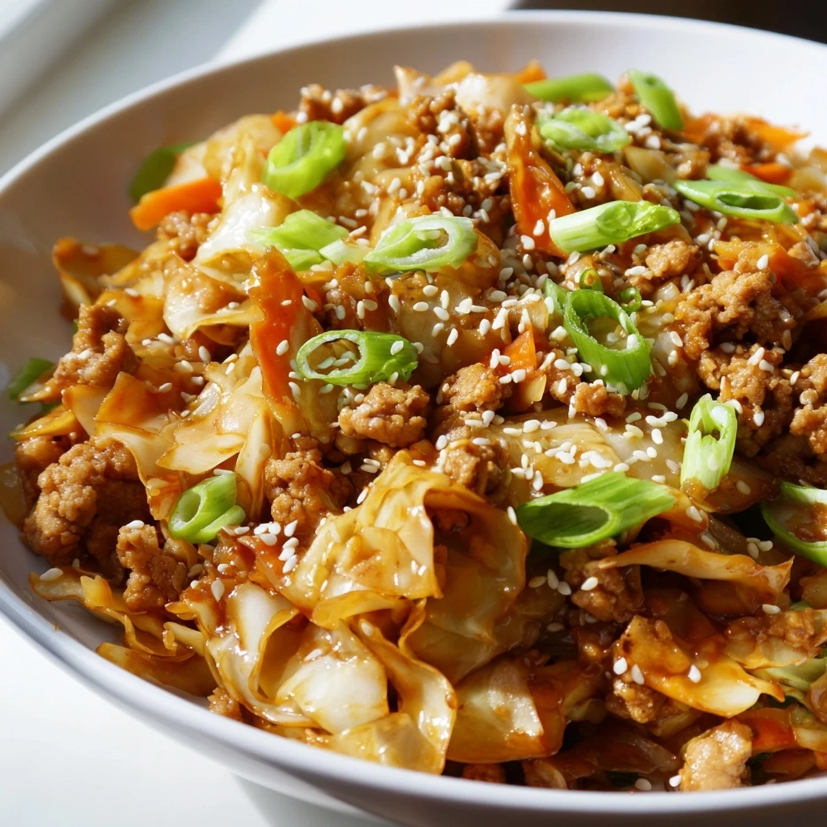 Sizzling ground pork and crisp coleslaw mix swirl together in the savory Egg Roll In A Bowl, topped with sesame seeds.