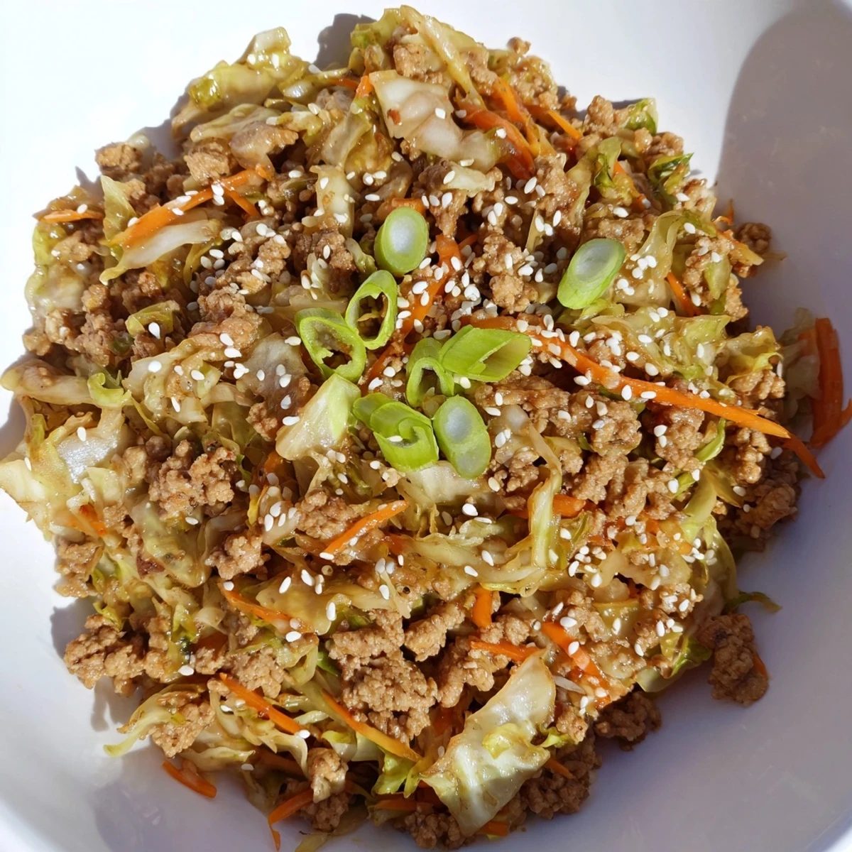 A close-up of the Keto Egg Roll In A Bowl, featuring tender pork, shredded carrots, and green onions on a plate.