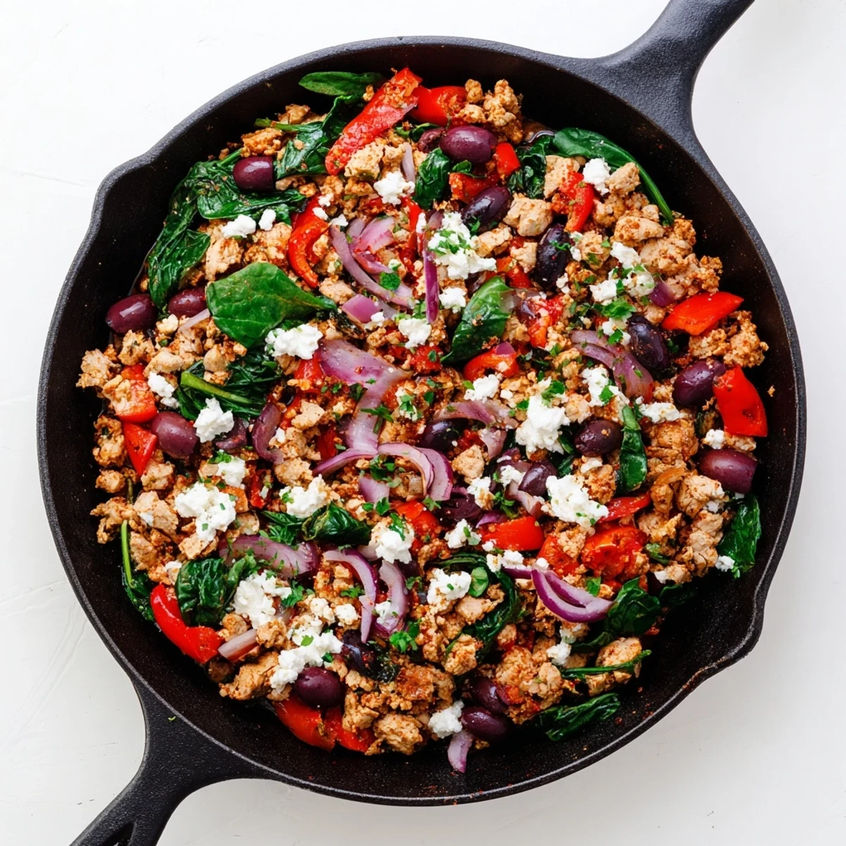 Fragrant Mediterranean Keto Skillet with Ground Chicken, Olives & Feta sizzles in a cast-iron pan, garnished with fresh parsley.