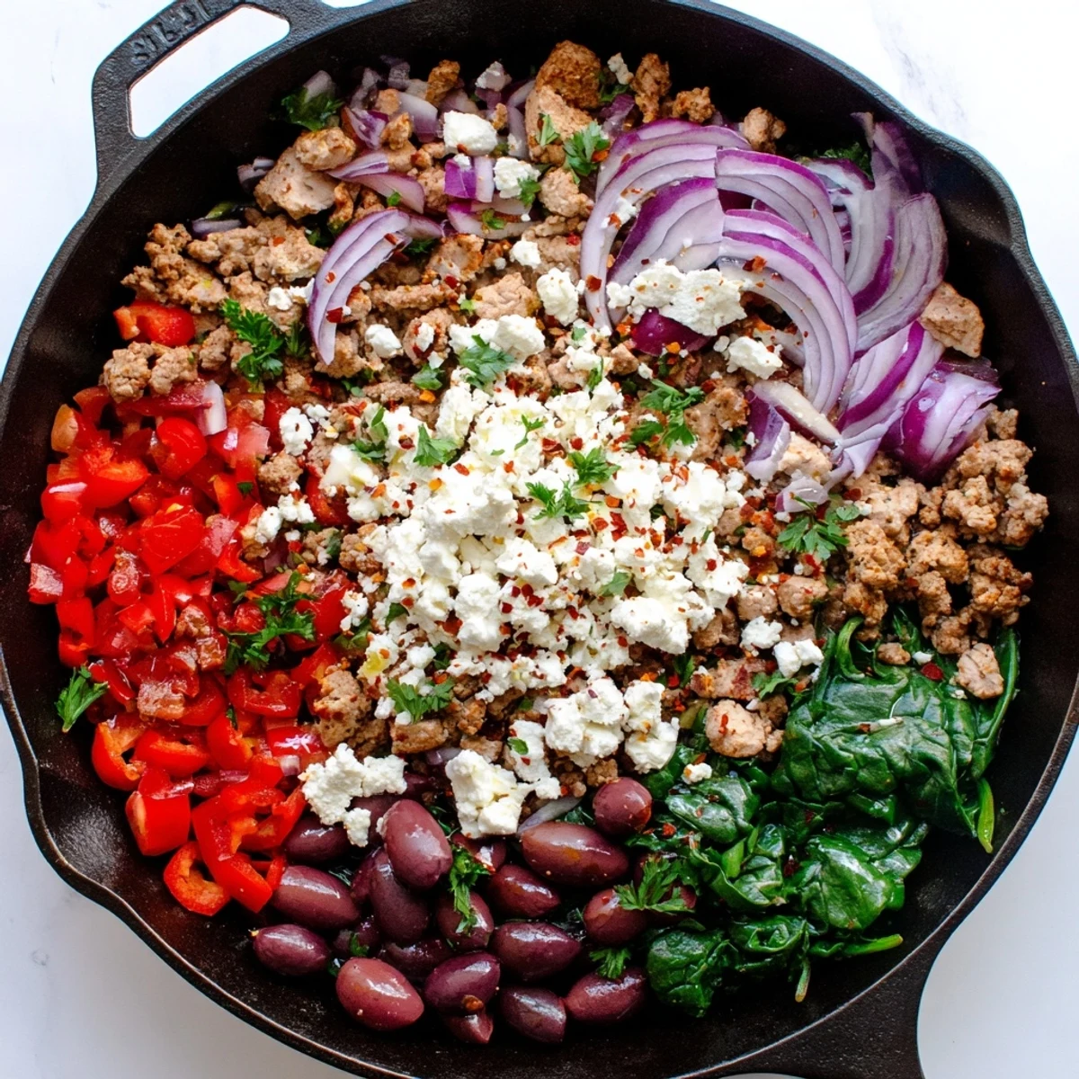 The finished Mediterranean Keto Skillet with Ground Chicken, Olives & Feta offers juicy chicken, briny olives, and creamy feta.