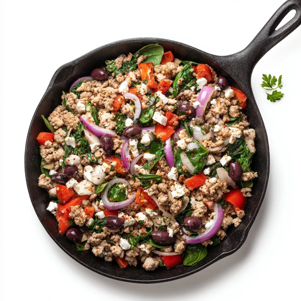 A colorful close-up of the Mediterranean Keto Skillet with Ground Chicken, Olives & Feta served alongside steaming cauliflower rice.