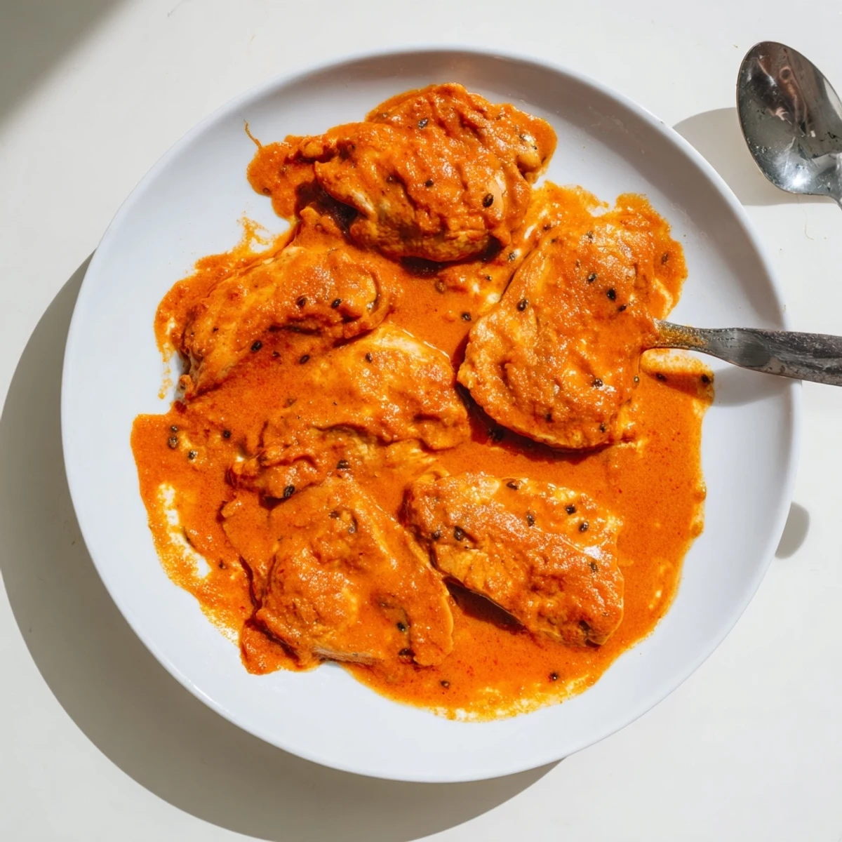Golden, creamy 5 Ingredient Keto Butter Chicken simmering in a rich, aromatic garam masala sauce in a skillet.