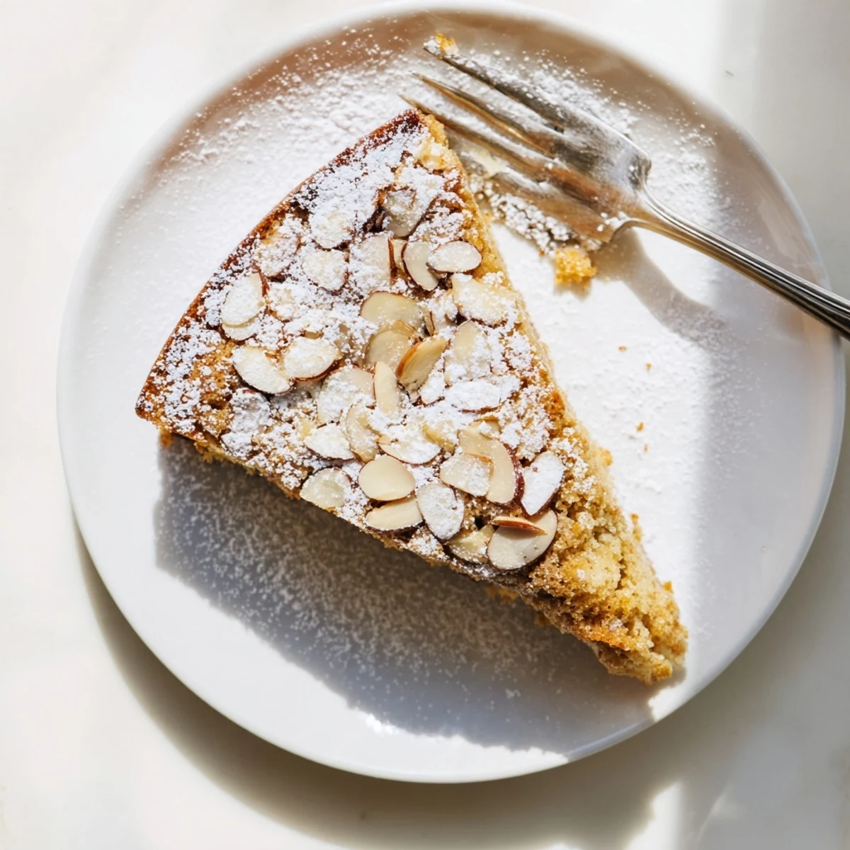 A beautifully baked Almond Cake dusted with powdered sugar, with sliced almonds scattered on top, ready to be served.
