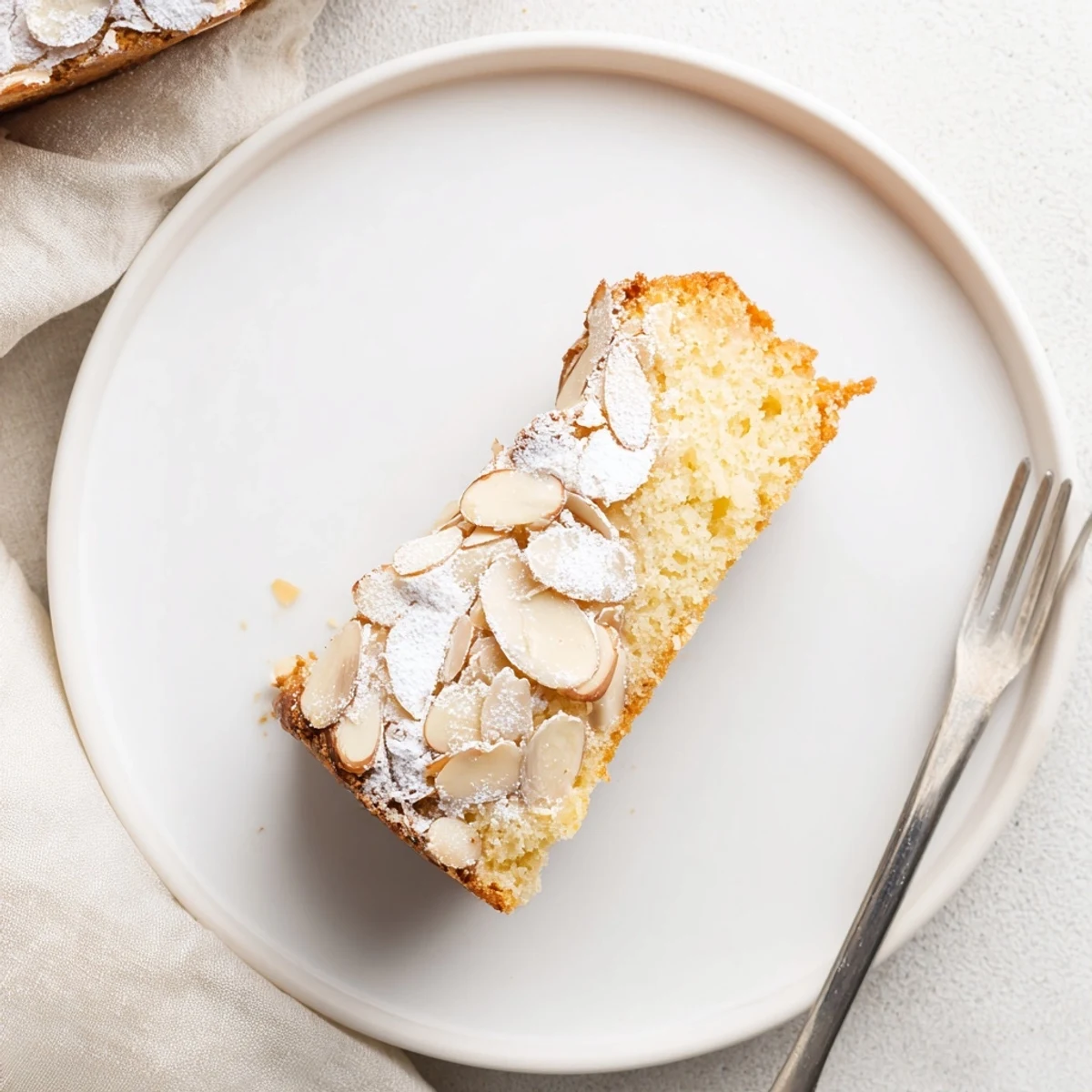 Freshly baked Almond Cake garnished with sliced almonds, presented on a white plate for a classic tea-time dessert.