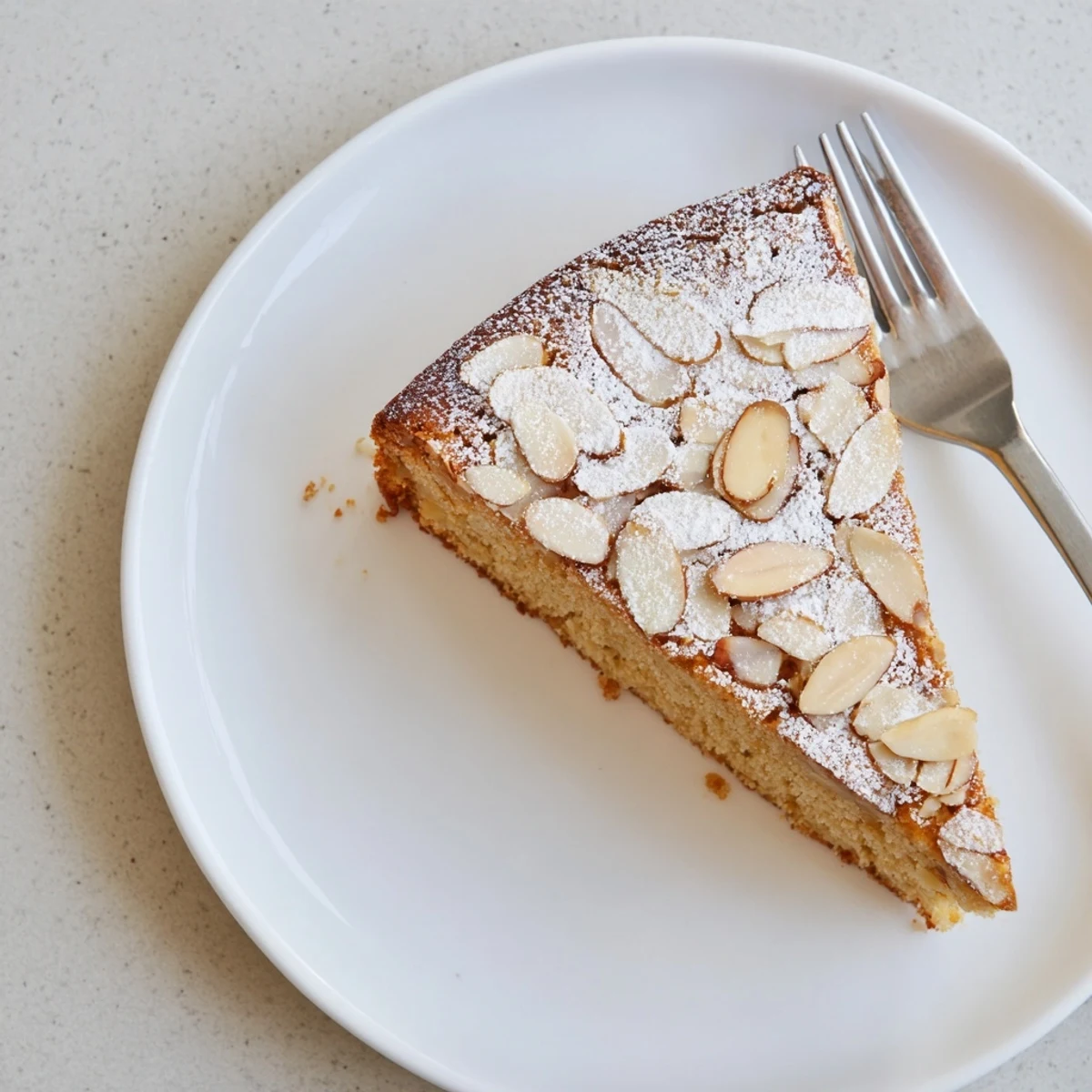 A golden-brown Almond Cake rests on a cooling rack, its tender crumb and moist texture visible after baking.