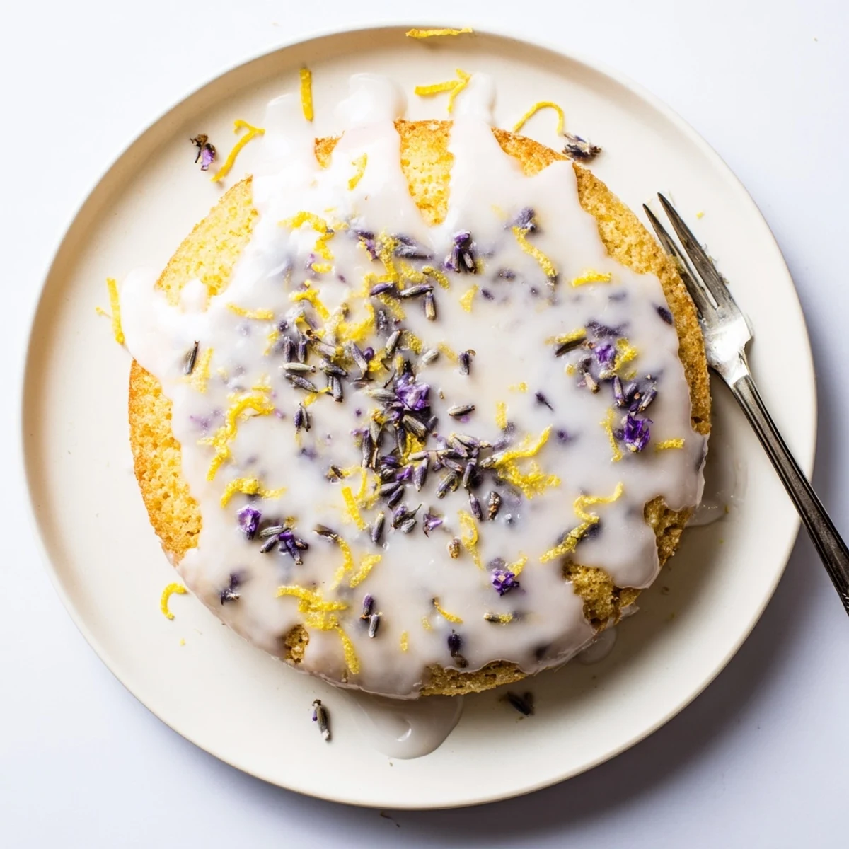 A close-up of a sliced Lemon Lavender Cake on a white plate, showing tender crumb and glossy lemon glaze.