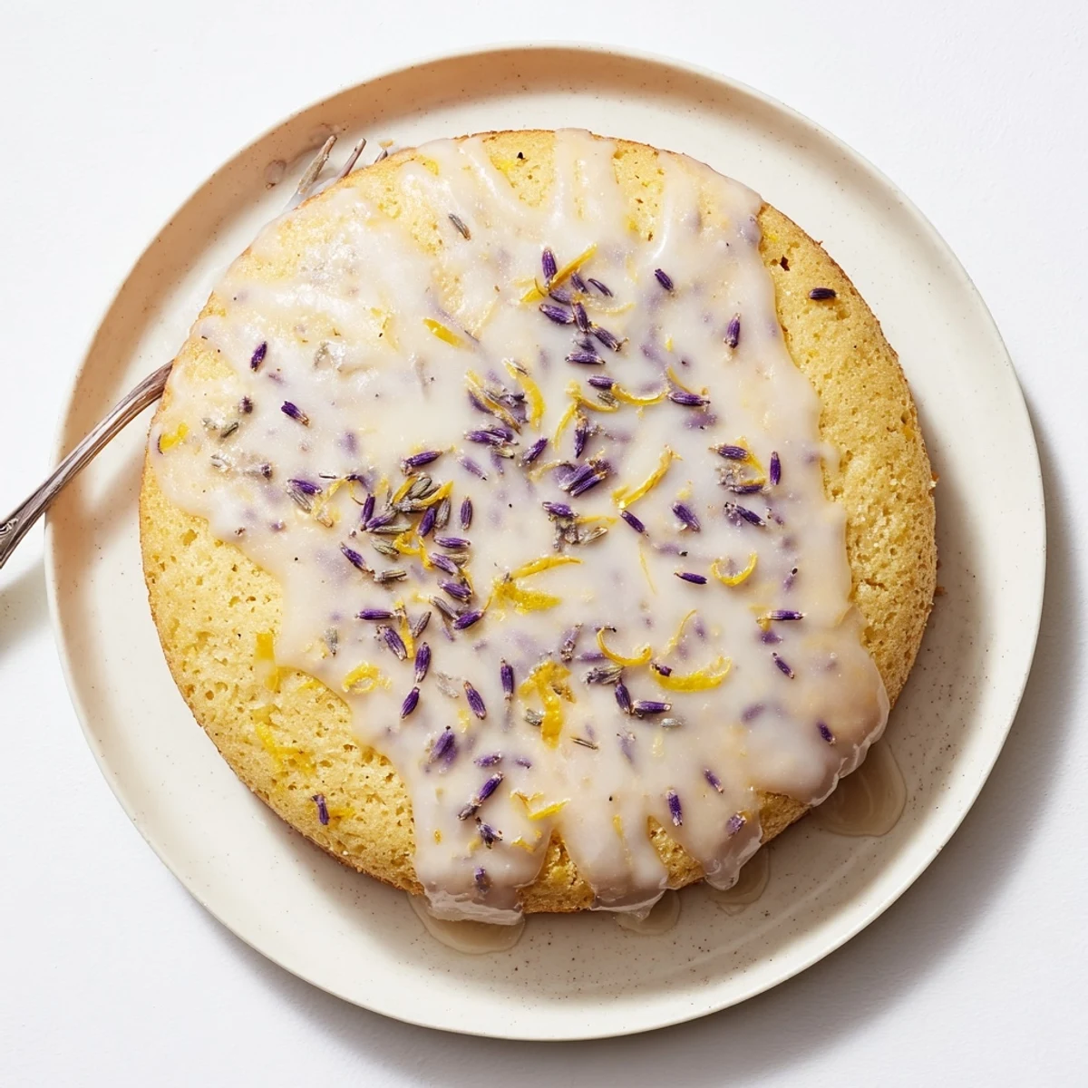 Freshly glazed Lemon Lavender Cake with visible lavender buds, topped with thin lemon slices for a spring dessert.