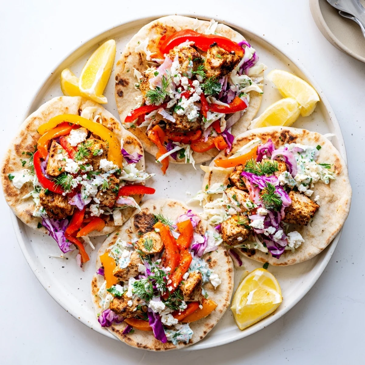 Golden-brown roasted chicken and colorful veggies on a sheet pan, ready for Sheet Pan Chicken Pitas With Fresh Herb Ranch Slaw assembly.