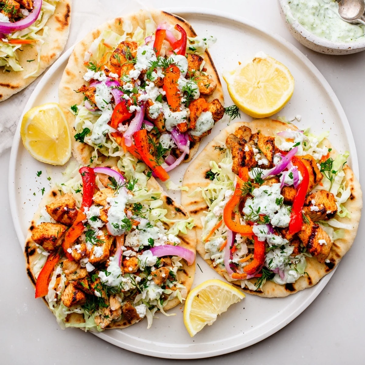 Overhead view of assembled Sheet Pan Chicken Pitas With Fresh Herb Ranch Slaw, garnished with fresh herbs and lemon wedges.