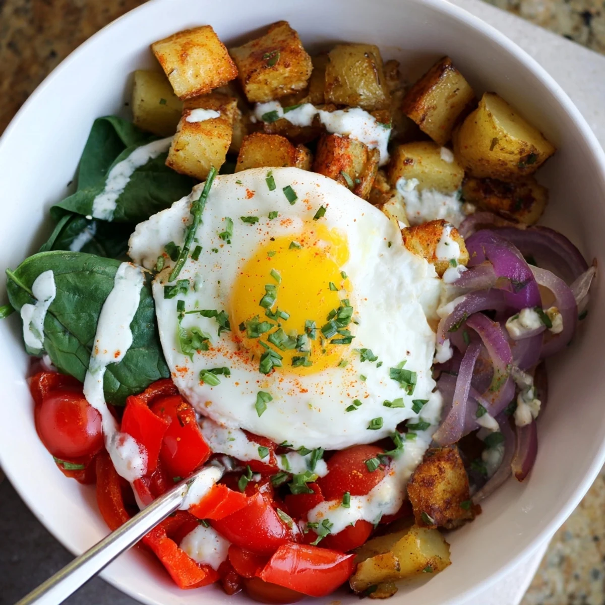 Crispy potatoes and sautéed vegetables in the Savory Breakfast Bowl, topped with a runny yolk egg and creamy yogurt sauce.