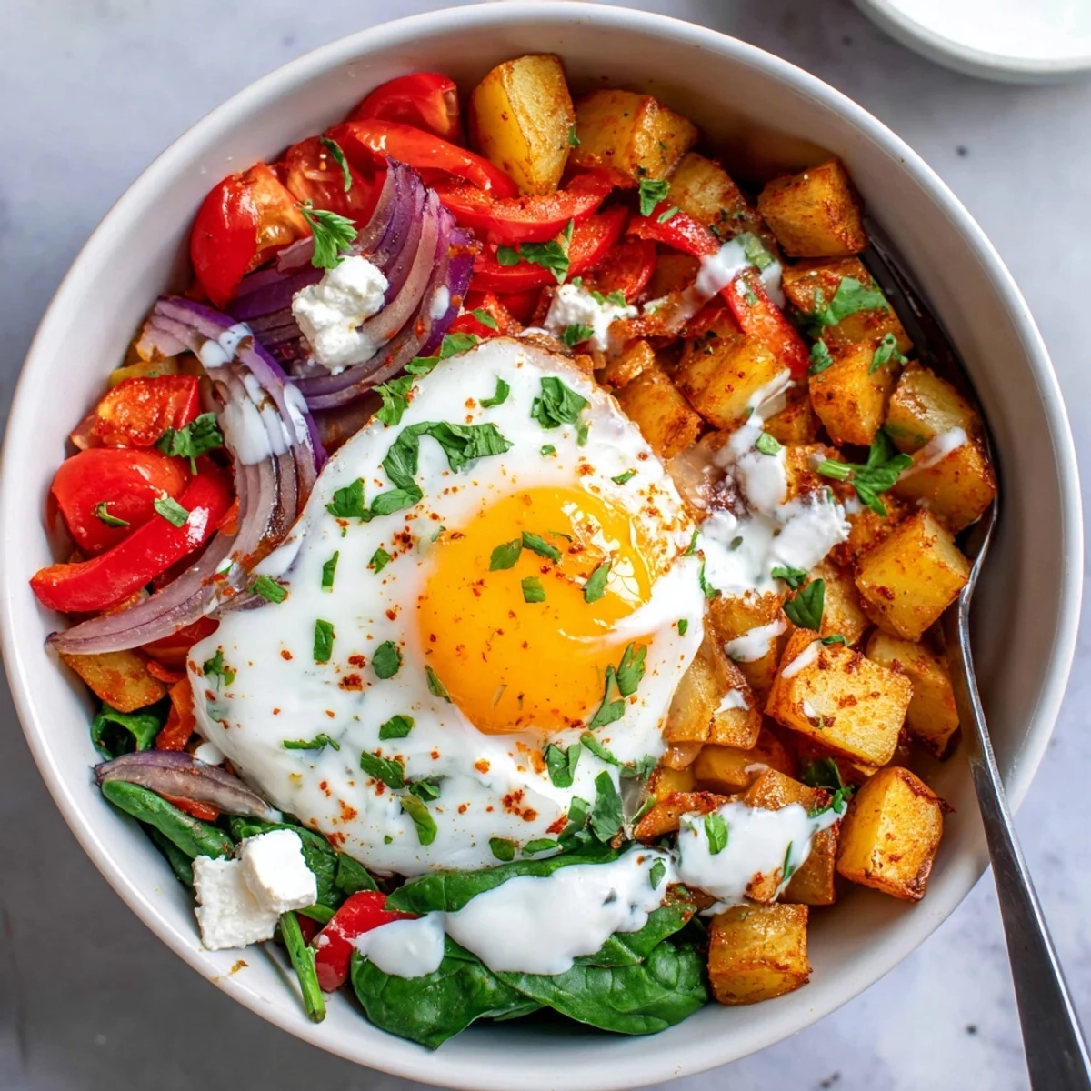 A close-up of the vibrant Savory Breakfast Bowl, featuring cherry tomatoes, spinach, and feta cheese garnish for a hearty morning meal.