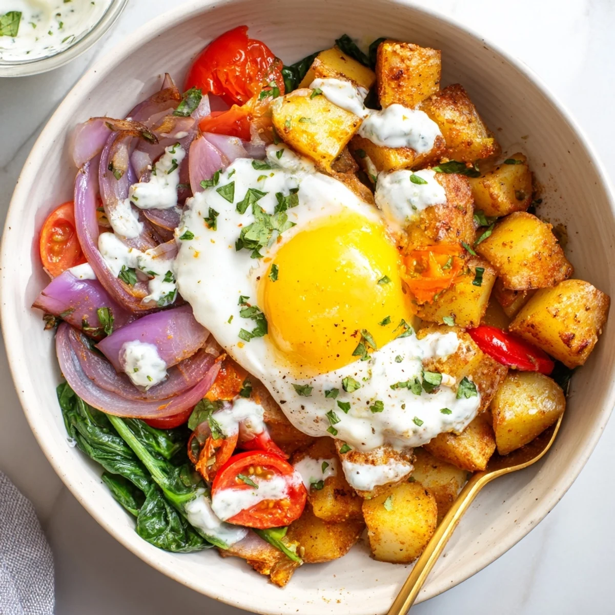 The Savory Breakfast Bowl features golden potatoes and a zesty yogurt drizzle, perfect for a quick and healthy vegetarian breakfast.