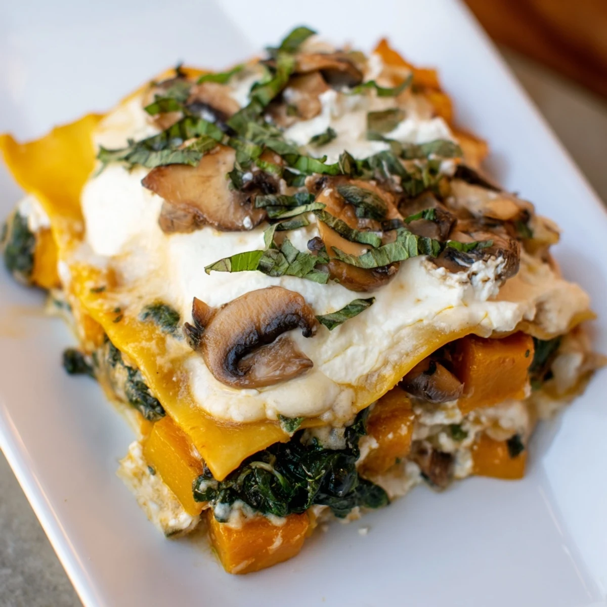 Creamy spinach and mushroom lasagna layers with a rich béchamel sauce topping.