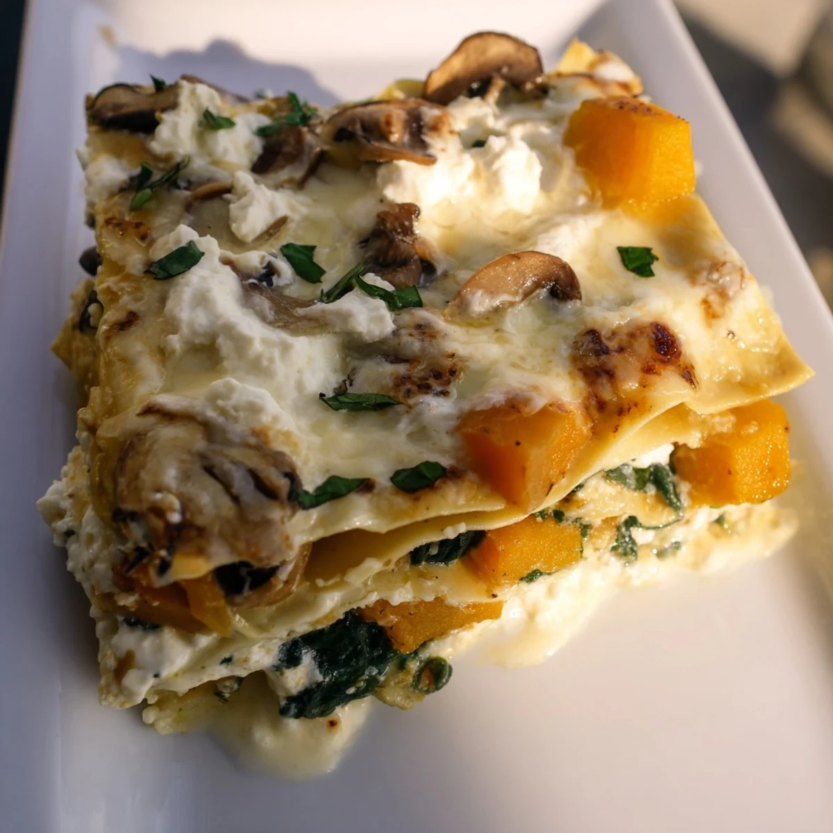 Bubbling vegetarian lasagna featuring roasted butternut squash and cheese on a dinner plate.
