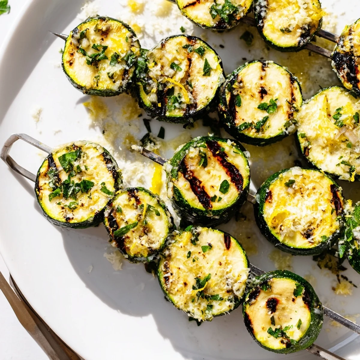 This Mediterranean Garlic Butter Zucchini Skewers recipe showcases lightly charred zucchini, perfect for a vegetarian gluten-free side.